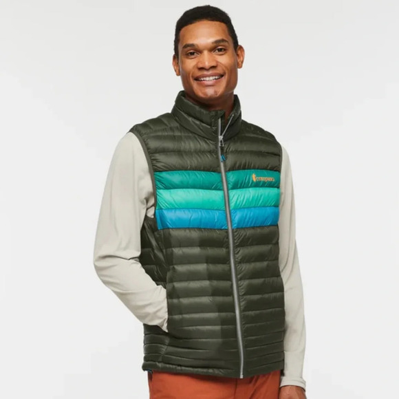 Cotopaxi Men's XL Fuego Down Vest Green Blue Woods Stripes NWT Puffy Puff Puffer - Picture 7 of 15
